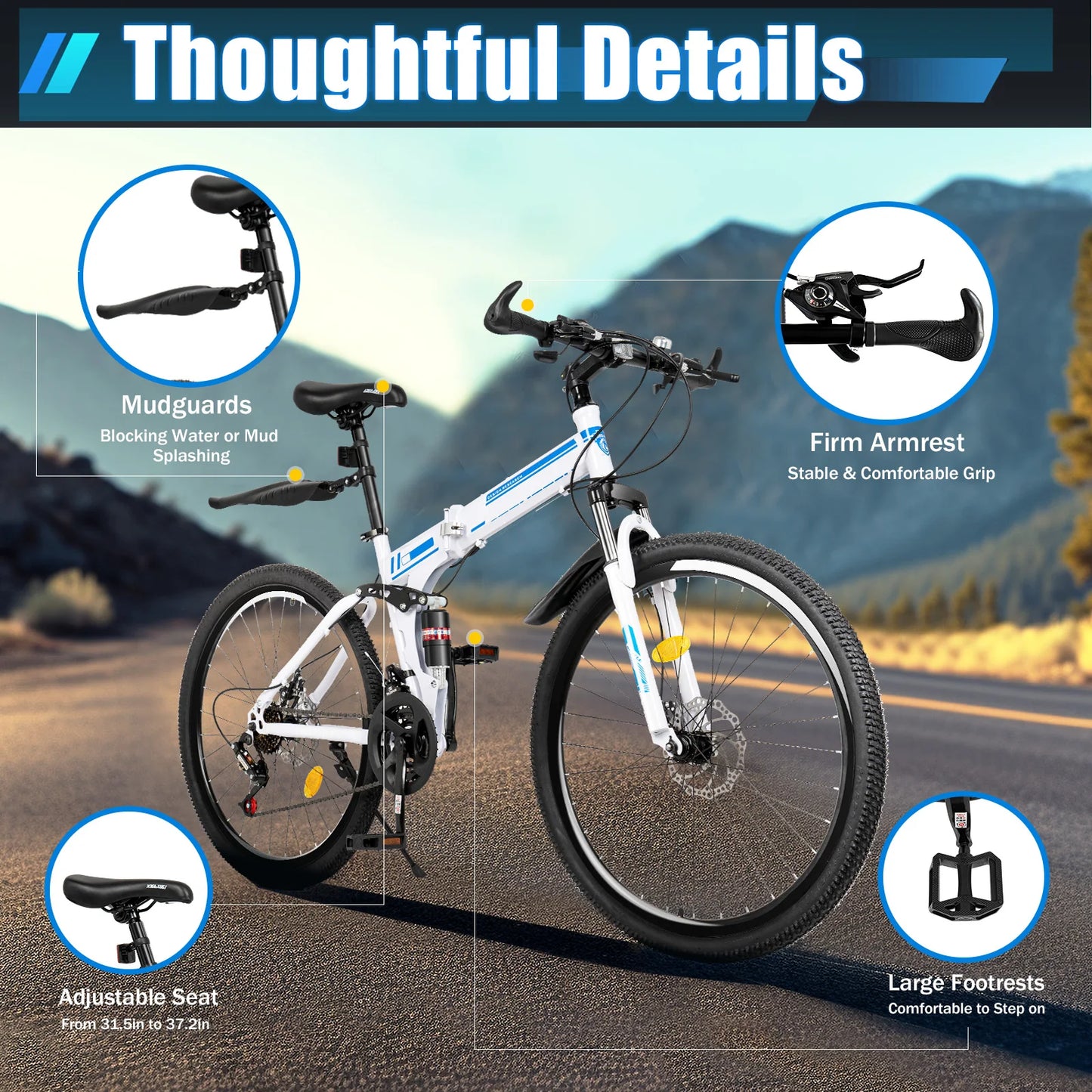 26 Inch Outdoor Mountain Bike, 21 Speed Foldable Bicycle