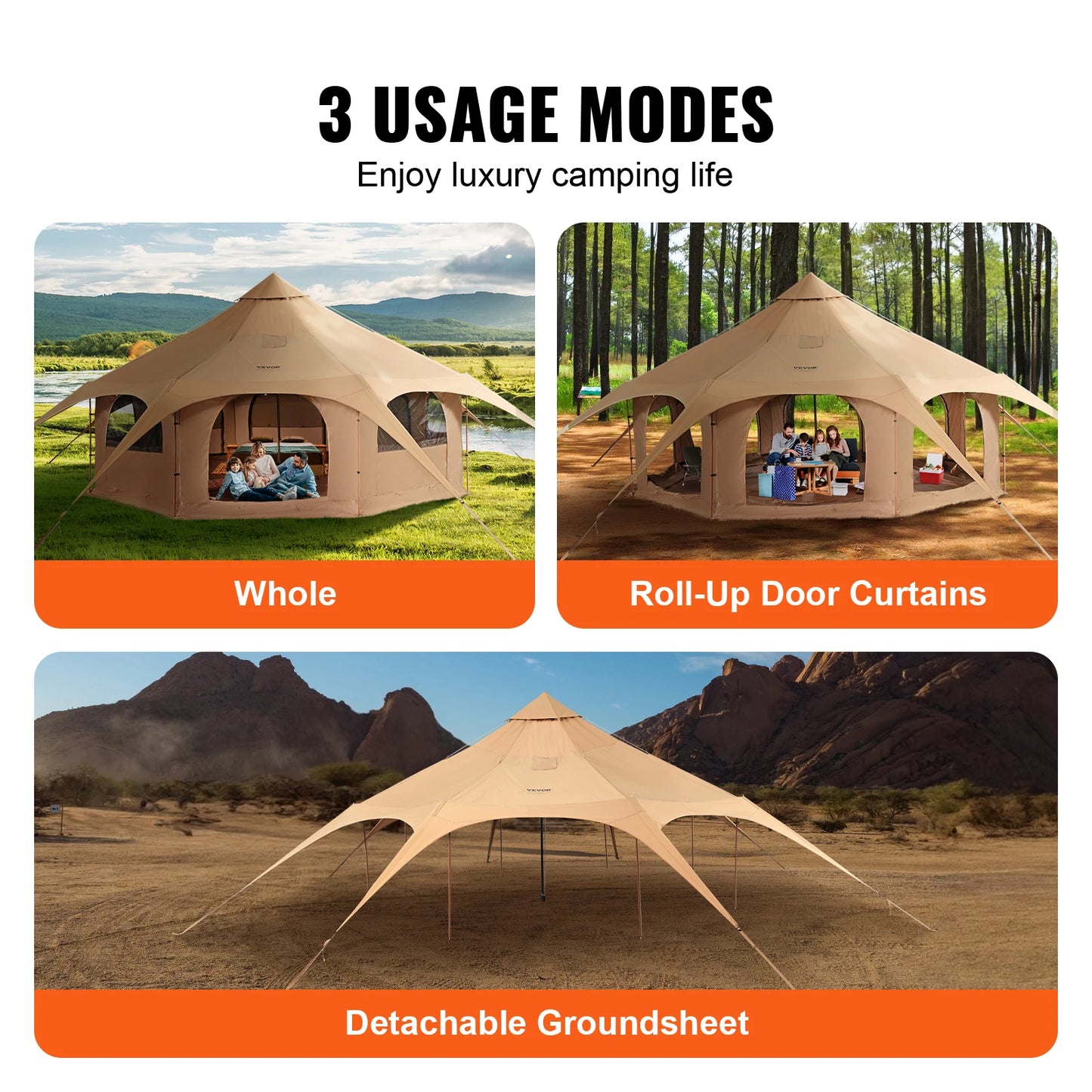 VEVOR Canvas Tent 5 m/16.4 ft Bell Tent for Camping w/Stove Jack Breathable Yurt Tent for 8 People Camping Outdoor Hunting Party