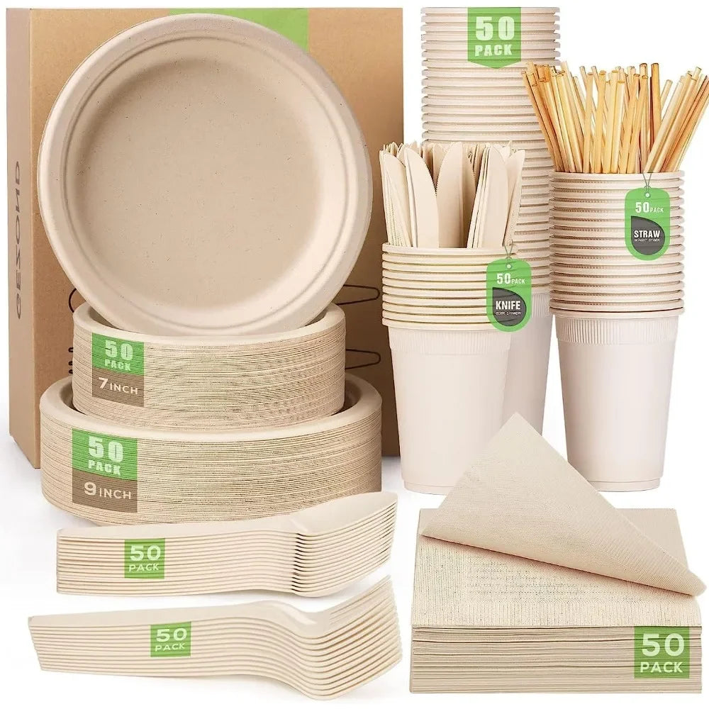 400pcs Compostable Paper Plates Set Eco-friendly Heavy-duty Disposable Paper Plates