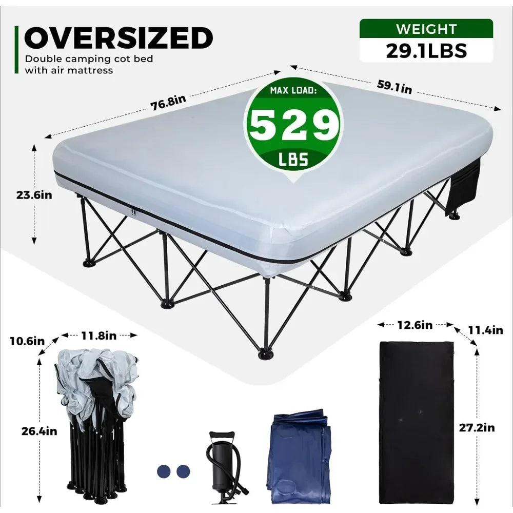 Camping Cot for Adults 2 Person W/Inflatable Air Mattress, Portable Folding Camping Bed