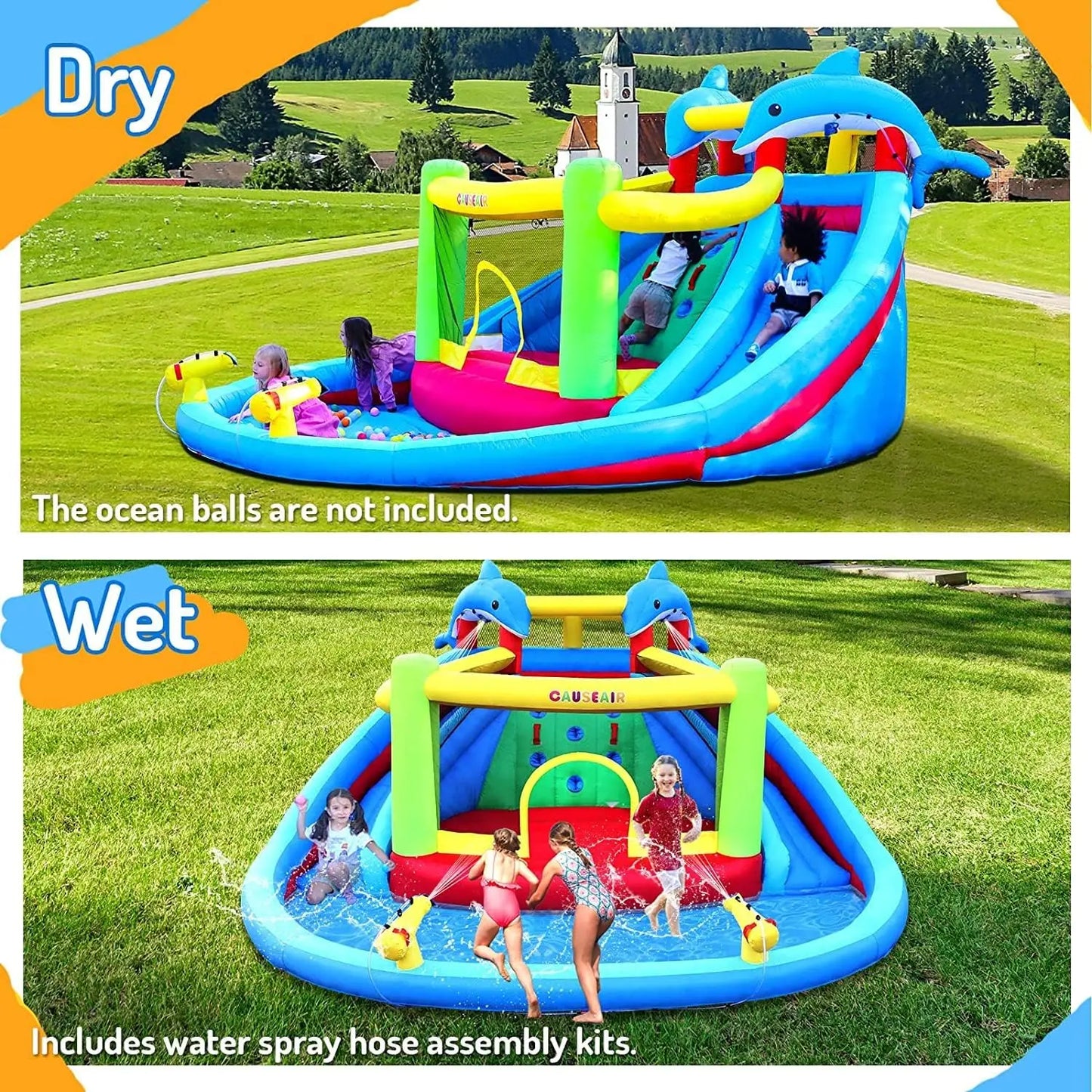 Inflatable Water Slide with Bounce House Dolphin Styling,Splashing Pool Double Water Cannon