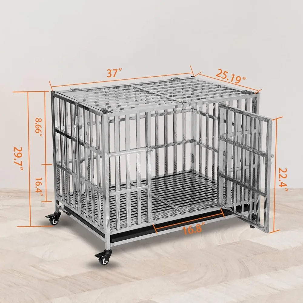 37" Stackable Heavy Duty Dog Crate Pet Stainless Steel Kennel Cage for Small Dogs  Foldable & Portable Freight Free