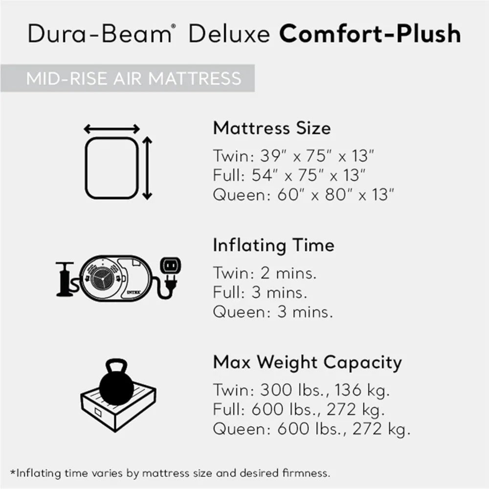 Plush Mid-Rise Air Mattress: Fiber-Tech Built-in Electric Pump – 13in Bed