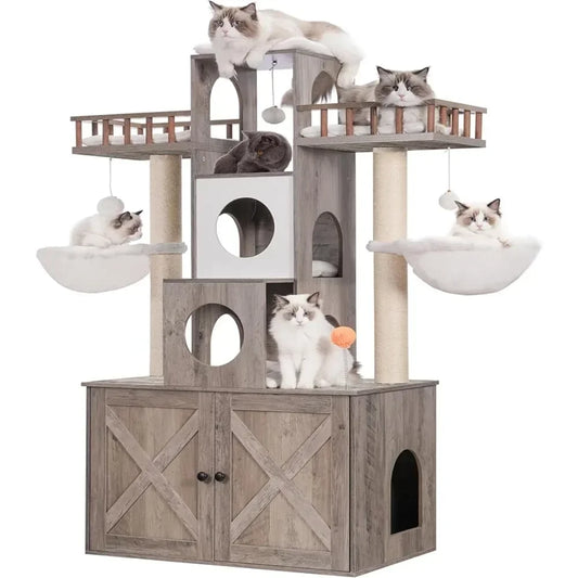 Cat Tree With Litter Box Enclosure for Indoor Big Cat Tower for Large S 20 Lbs Heavy Duty