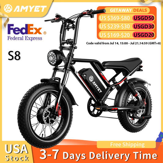 AMYET S8 Adults Electric Bike For Men 2000W Dual Motor Bicycle 48V 25AH Battery 20" Ebike Electric E Bikes Mountain Moped Ebikes