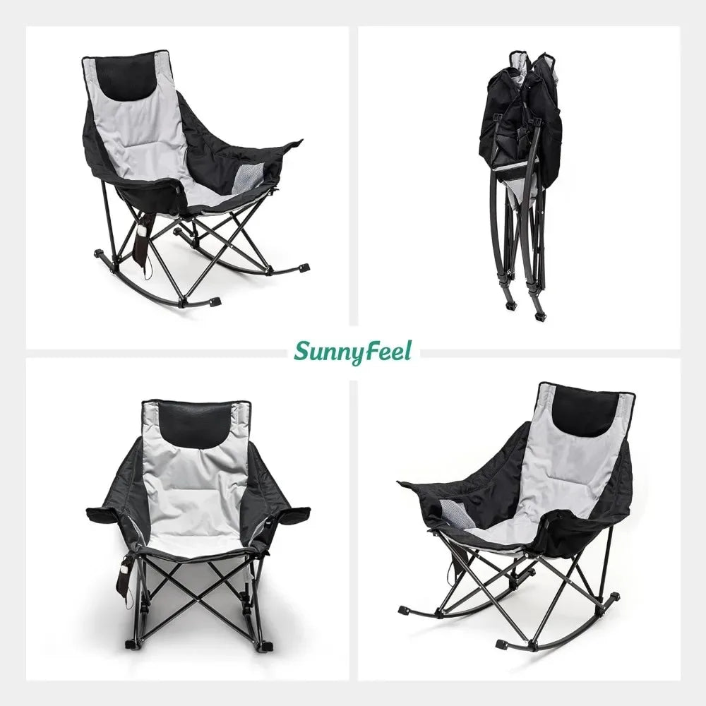 Oversized Heated Camping Chair, Folding Rocking Camping Chairs with Luxury Padded Recliner,Carry Bag