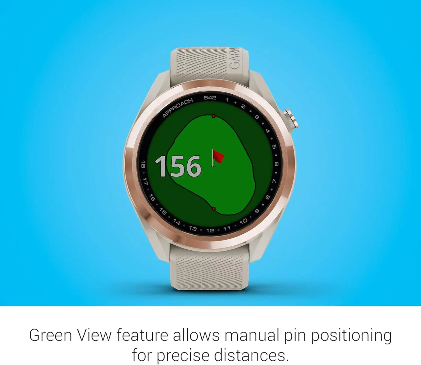 Garmin Approach S42, GPS Golf Smartwatch, 1.2" Touchscreen,42k+ Preloaded Courses, Rose Gold Ceramic Bezel and Tan Silicone Band