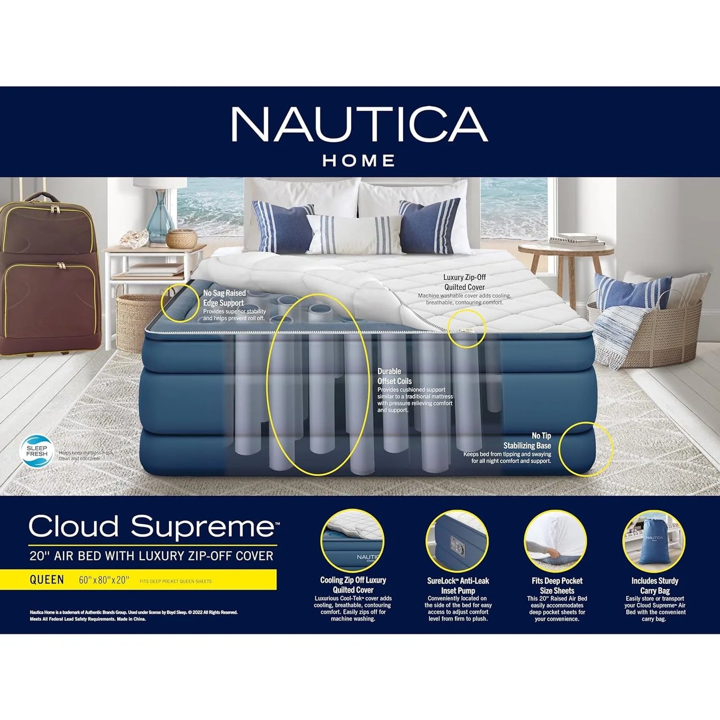 Nautica Home Cloud Supreme Air Mattress Inflatable Bed for Guests Travel and Camping:Offset Coil Construction with Built in Pump