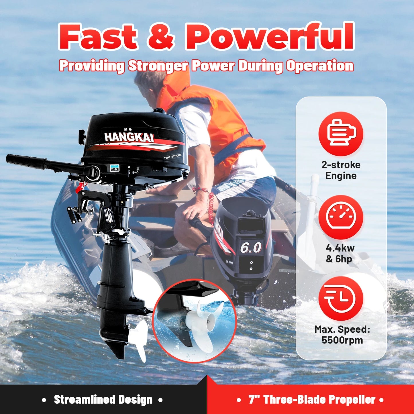 HANGKAI 2-Stroke 6 HP Outboard Motor Boat Marine Engine Water Cooling CDI System