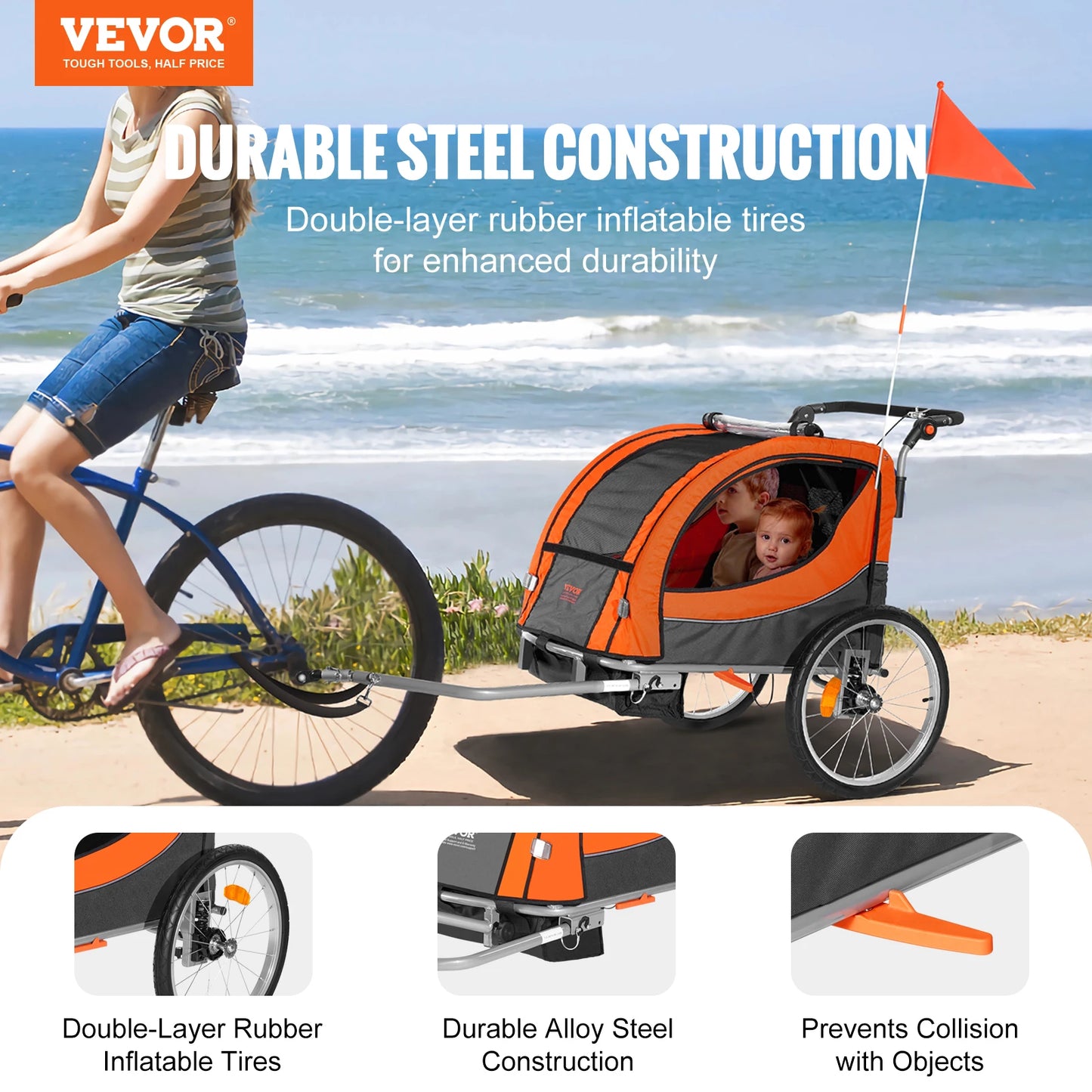 VEVOR 88/100 lbs Child Bike Trailer Double Seat Carrier Converts to Stroller Foldable Children Bicycle Trailer