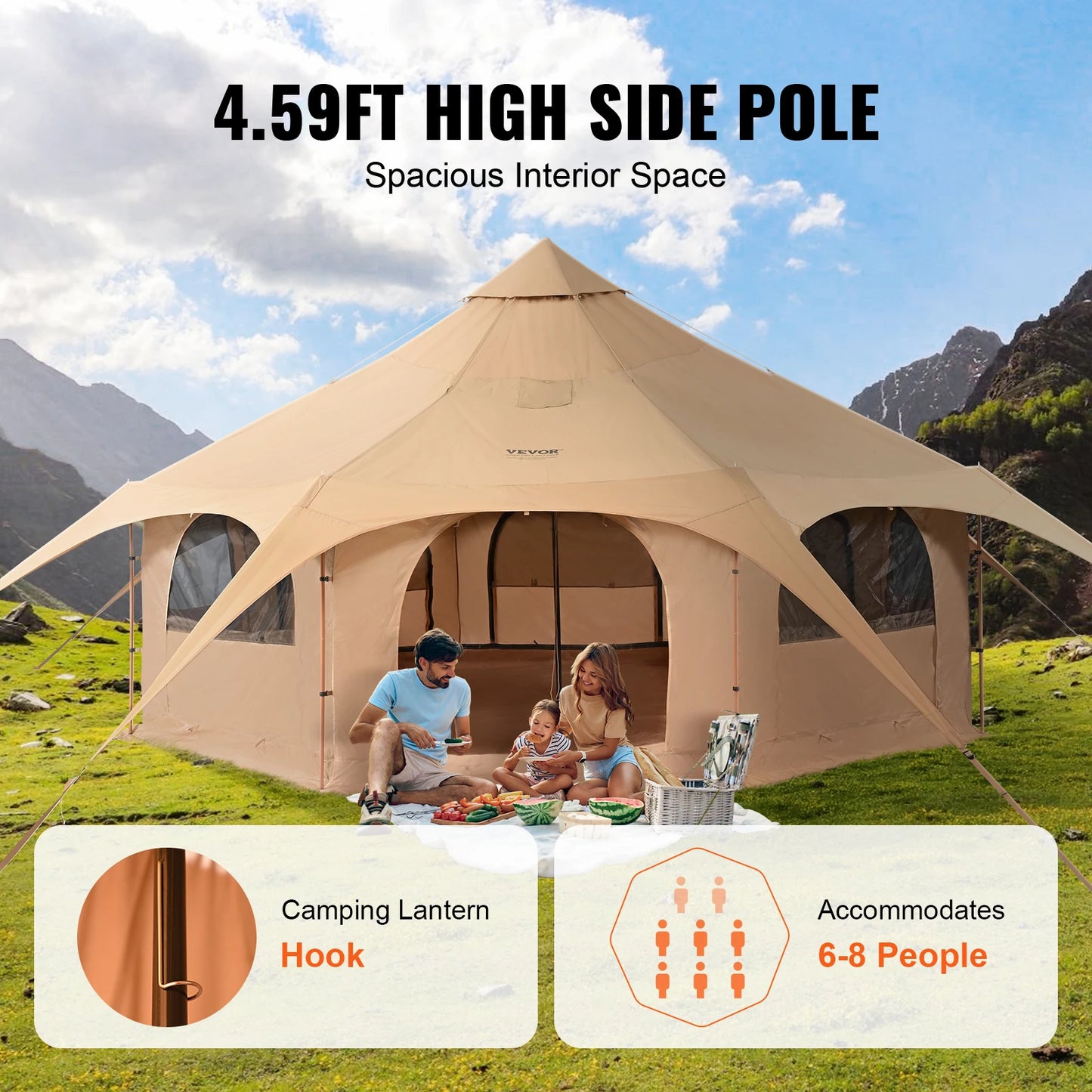 VEVOR Canvas Tent 5 m/16.4 ft Bell Tent for Camping w/Stove Jack Breathable Yurt Tent for 8 People Camping Outdoor Hunting Party