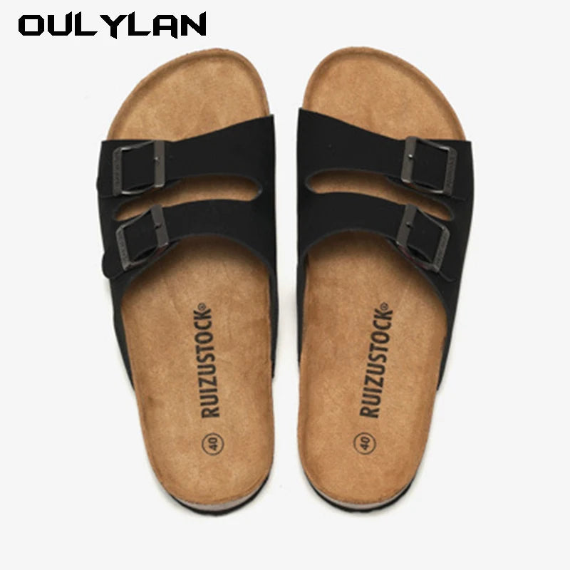 Fashion Men's Cork Slippers Trendy Women Student Sandals Double Strap Unisex Beach Shoes Matte Leather Water Walk  Loose Shoes