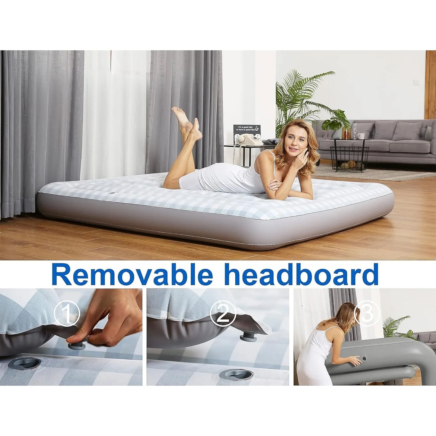 Air Mattress with Headboard, Fast Inflation/Deflation Inflatable Airbed, 9 Inches High