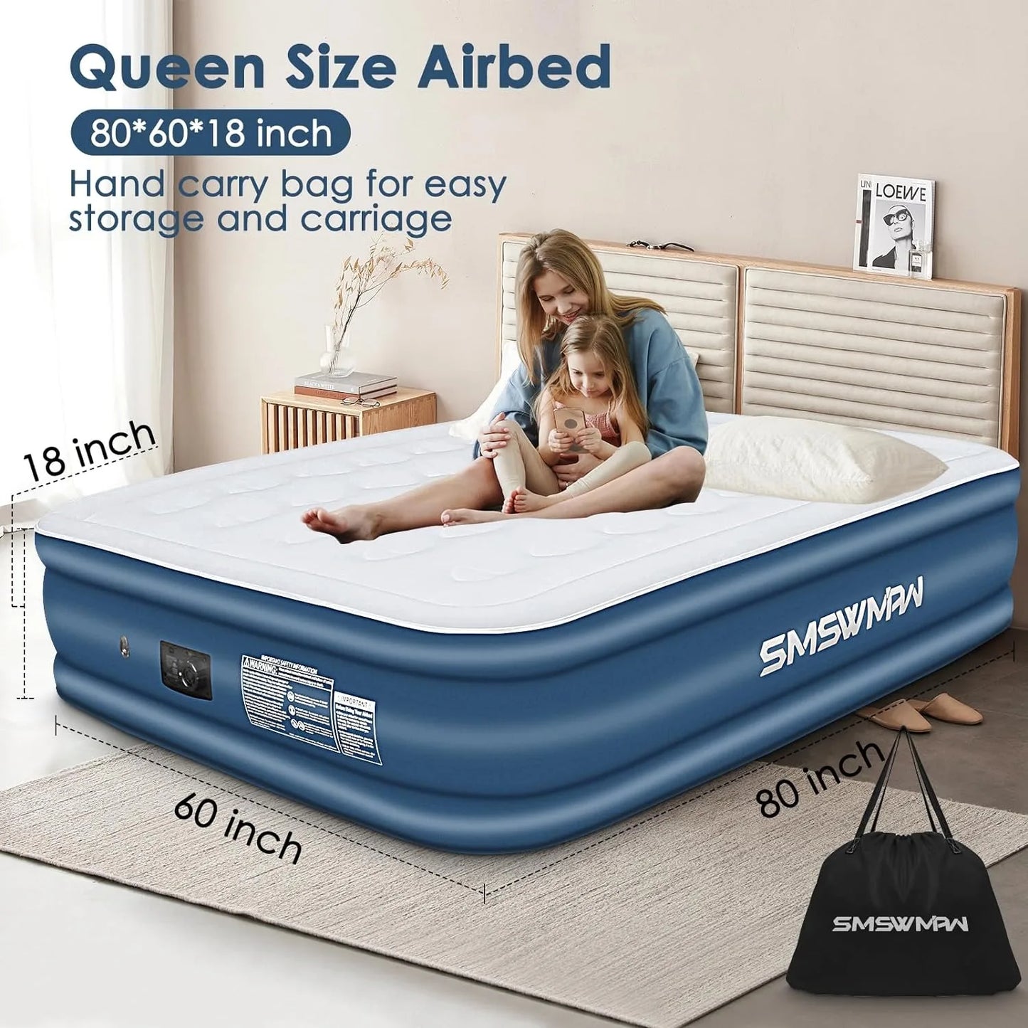 Queen Air Mattress, Air Mattress with Built in Pump, 18"