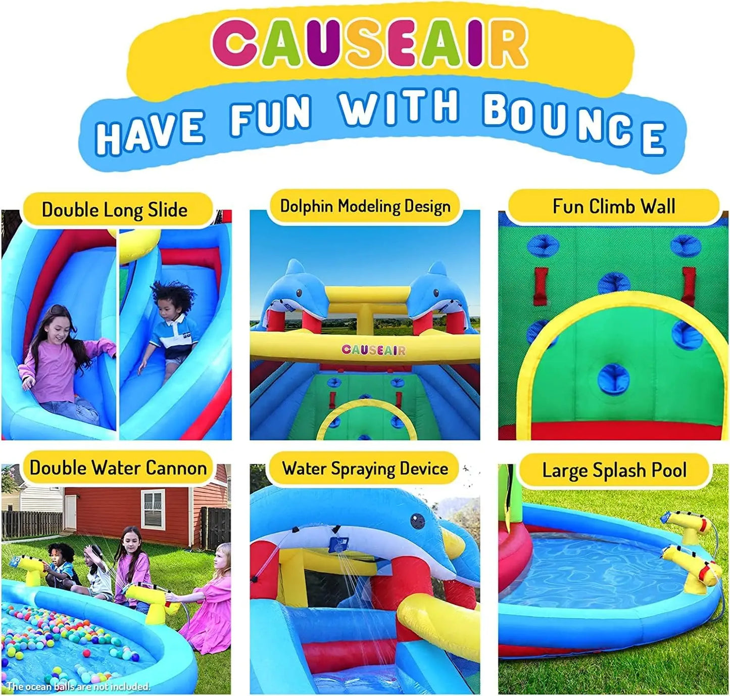 Inflatable Water Slide with Bounce House Dolphin Styling,Splashing Pool Double Water Cannon