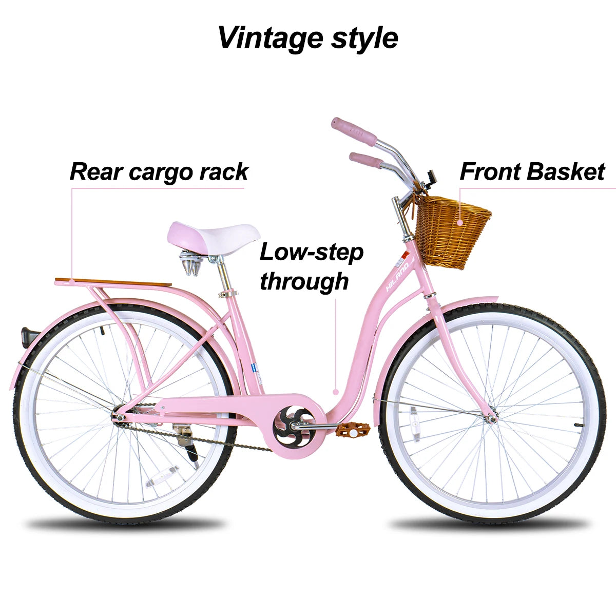 Hiland 26 Inch Beach Bike for Women, Single Speed Commuter Bicycle with Basket and Rear Cargo