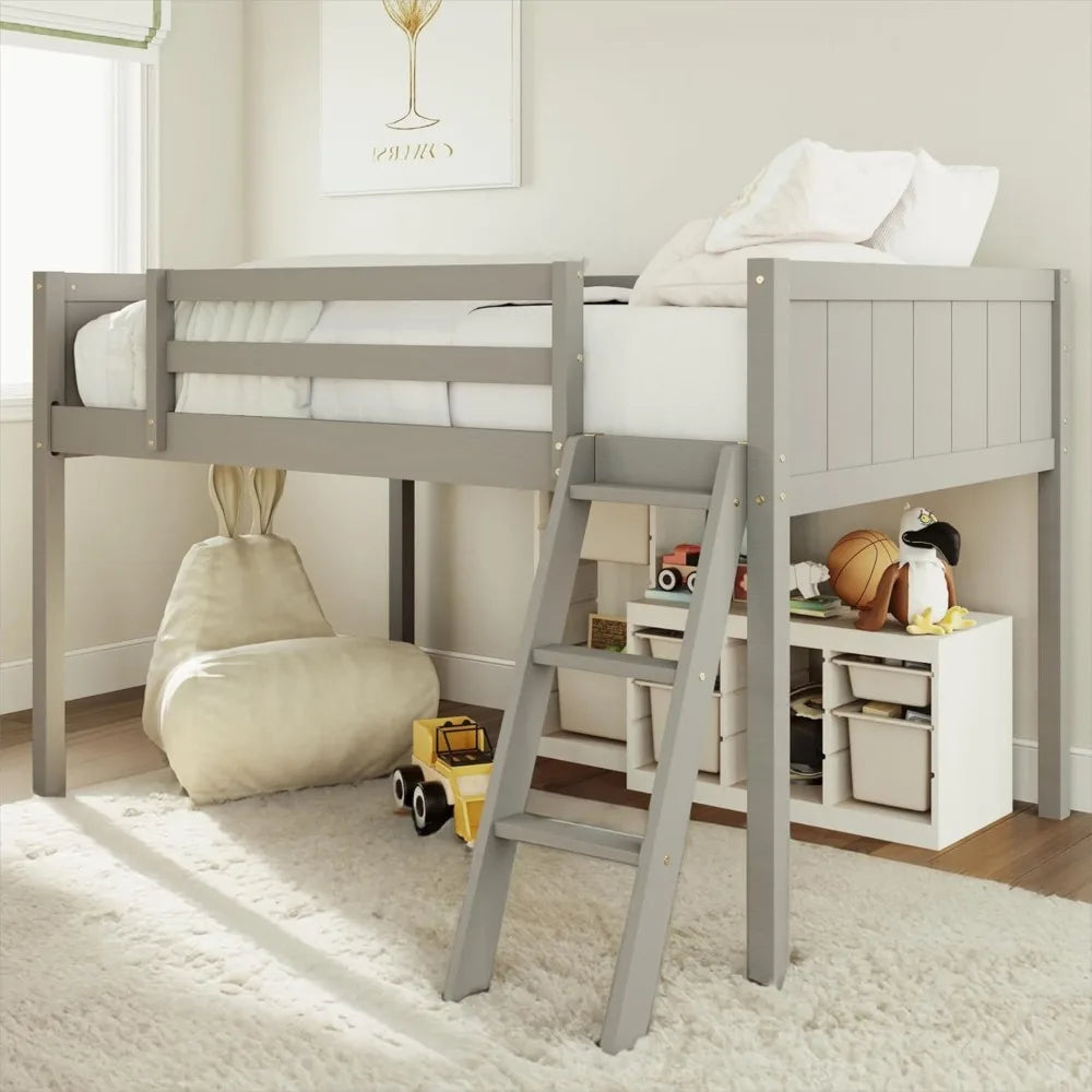 Wood Low Loft Bed with Ladder,Wooden Low Loft Bed with Guardrail for Kids or Teens,Space Saving,No Box Spring Needed