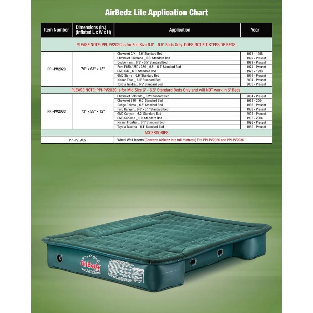 Full Size, Short 6'-6.5' Truck Bed Air Mattress with DC Corded Pump (76"x63"x12" Inflated)