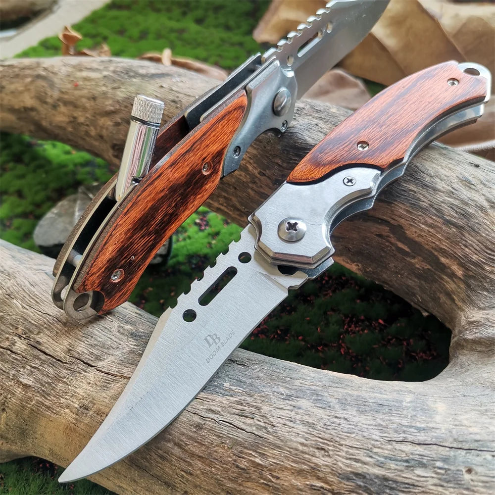 LED Light Folding Blade Knife with Wooden Handle