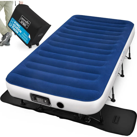 SereneLife EZ Air Mattress with Frame & Rolling Case, Foldable Self-Inflating Air Bed with Built in Pump