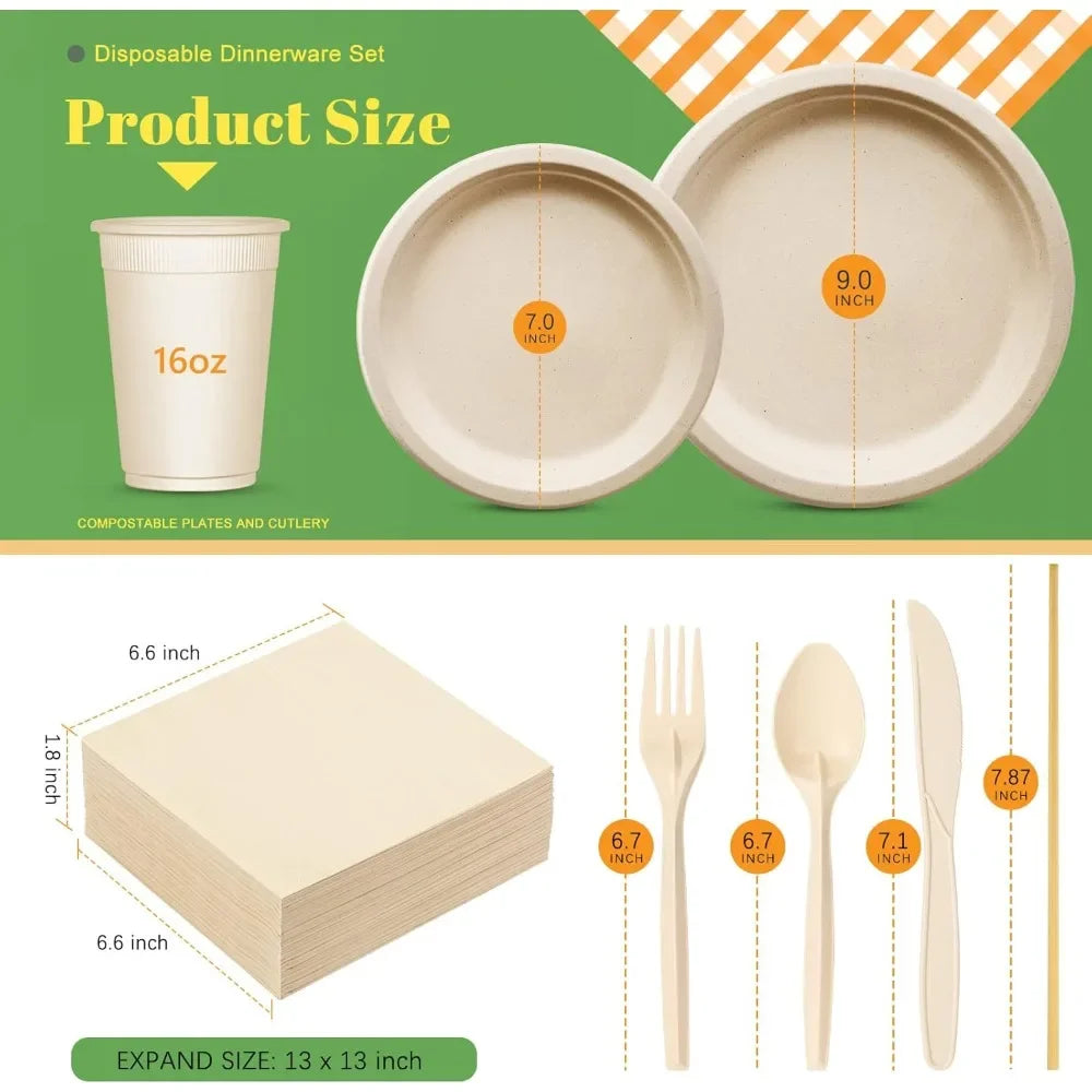 400pcs Compostable Paper Plates Set Eco-friendly Heavy-duty Disposable Paper Plates