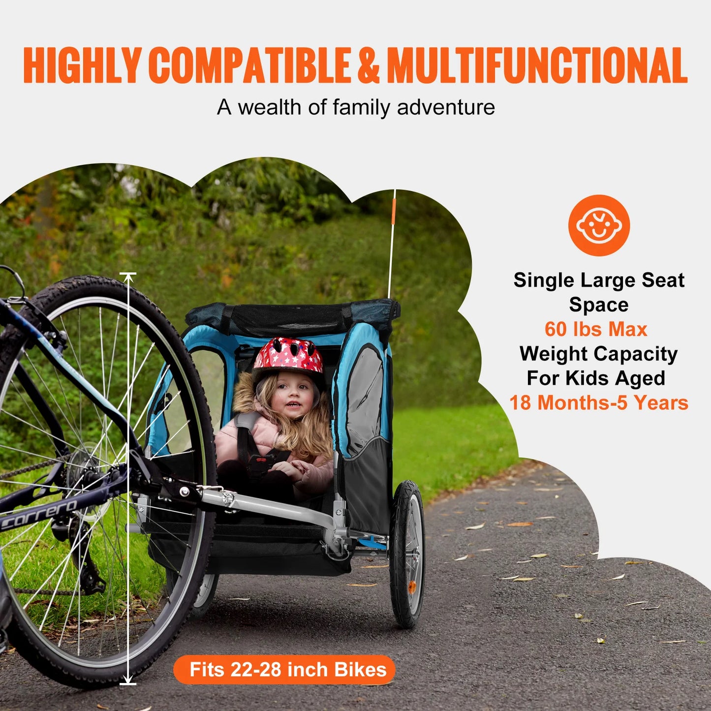 VEVOR 60/110 lbs Child Bike Trailer Tow Behind Foldable Kids Bicycle Trailer with Coupler Steel Frame