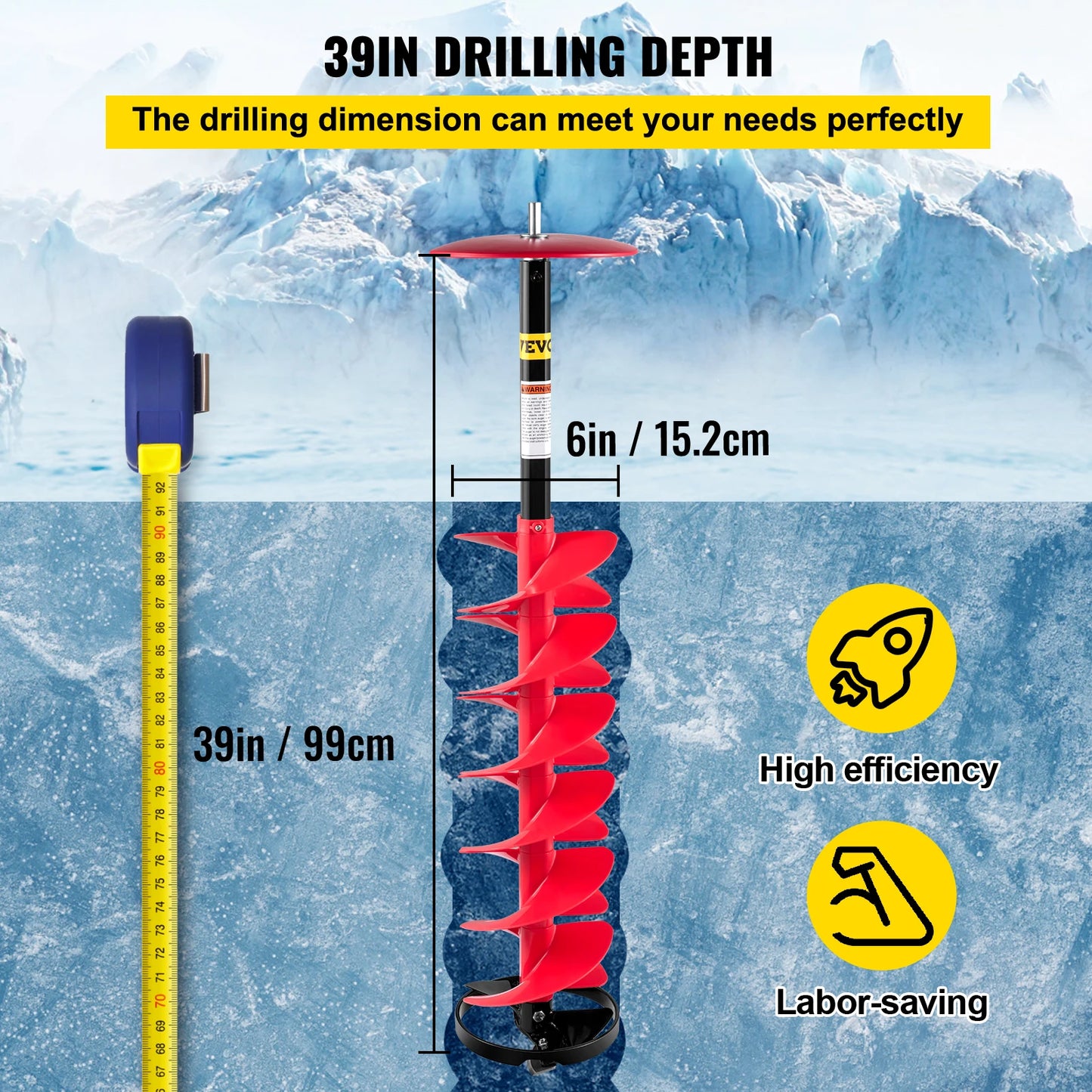 VEVOR Ice Drill Auger, 6" Diameter Nylon Ice Auger,39" Length Ice Auger Bit,Auger Drill with 11.8" Extension Rod,for Ice Fishing