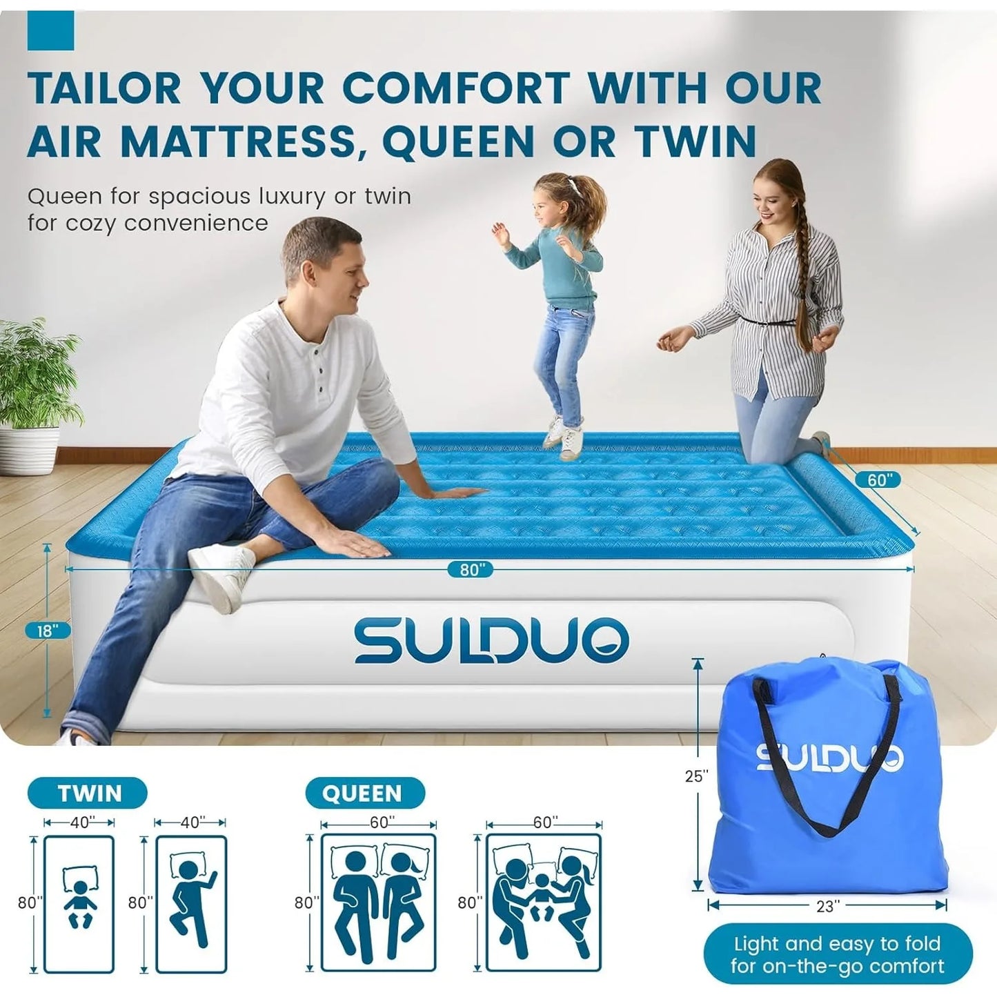 Luxury Air Mattress Queen with Built in Pump, 18'' High Double Mattress Self Inflating Air Bed