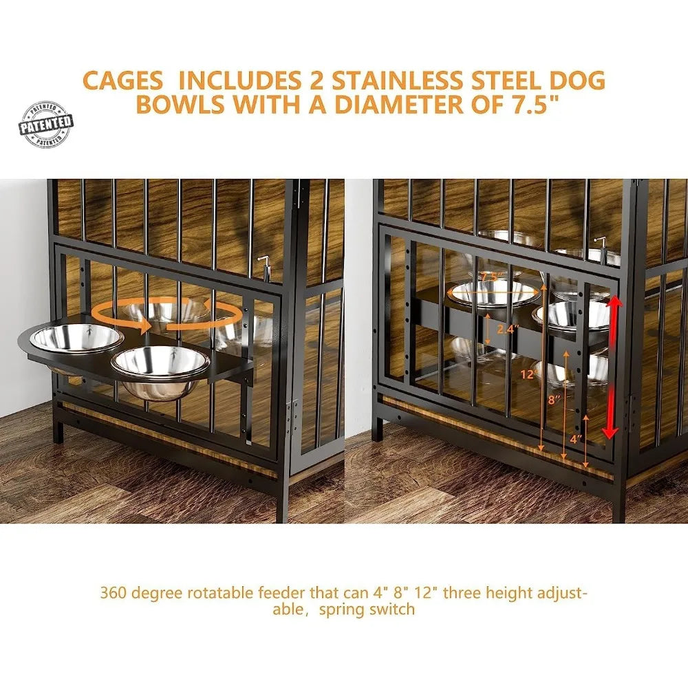 Furniture Style Large Dog Crate with 360° & Adjustable Raised Feeder for Dogs 2 Stainless Steel Bowls