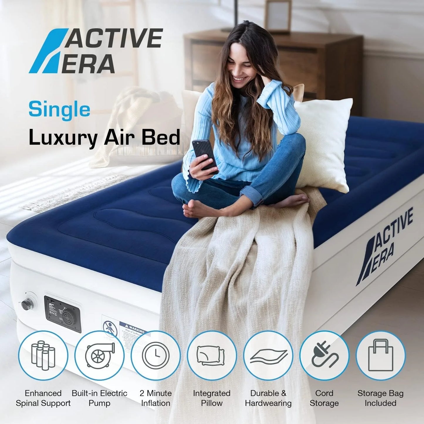 Luxury Twin Size Air Mattress (Single) - Elevated Twin Air Bed, Electric Built-in Pump, Raised Pillow & Structured