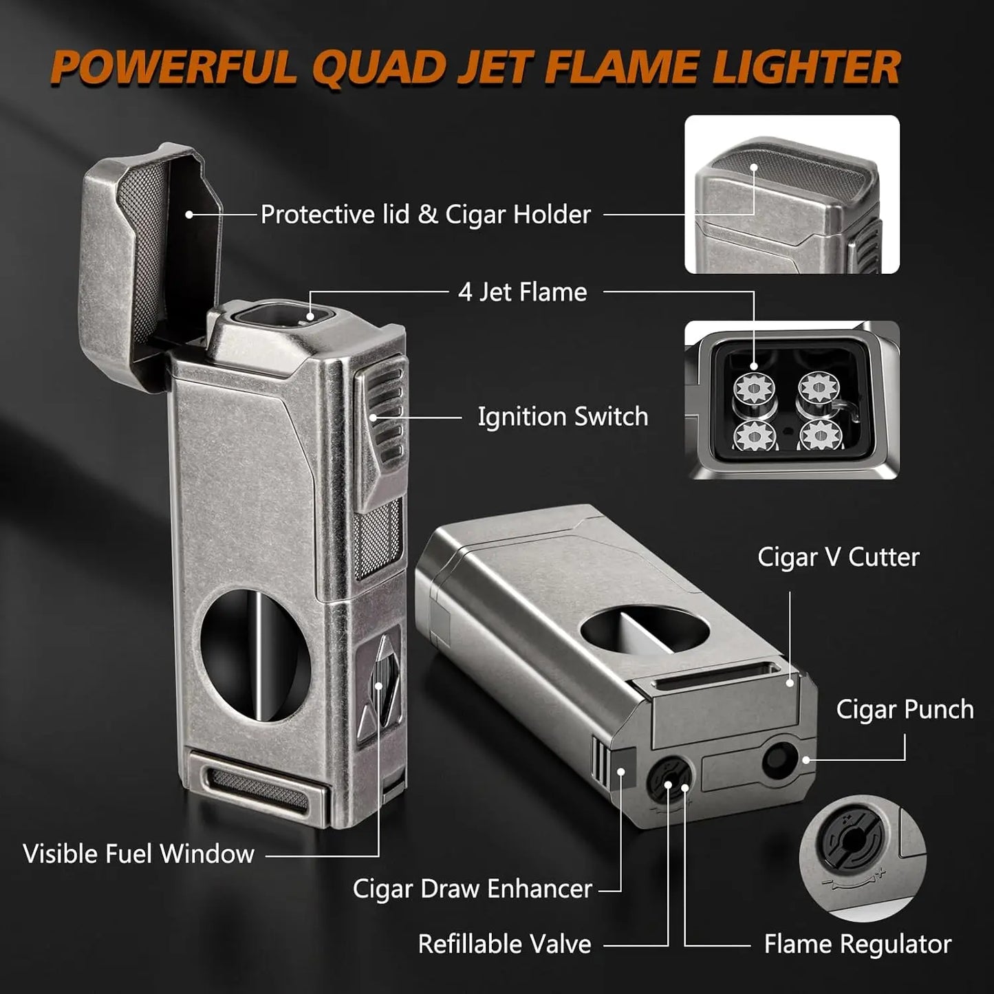 Scotte Cigar Lighter 4 Jet Flame,Refillable Butane Lighter