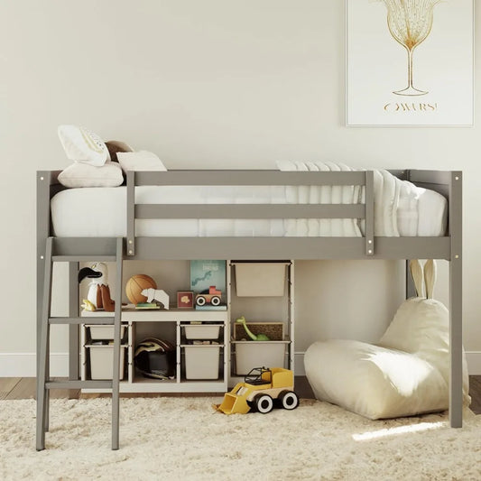 Wood Low Loft Bed with Ladder,Wooden Low Loft Bed with Guardrail for Kids or Teens,Space Saving,No Box Spring Needed