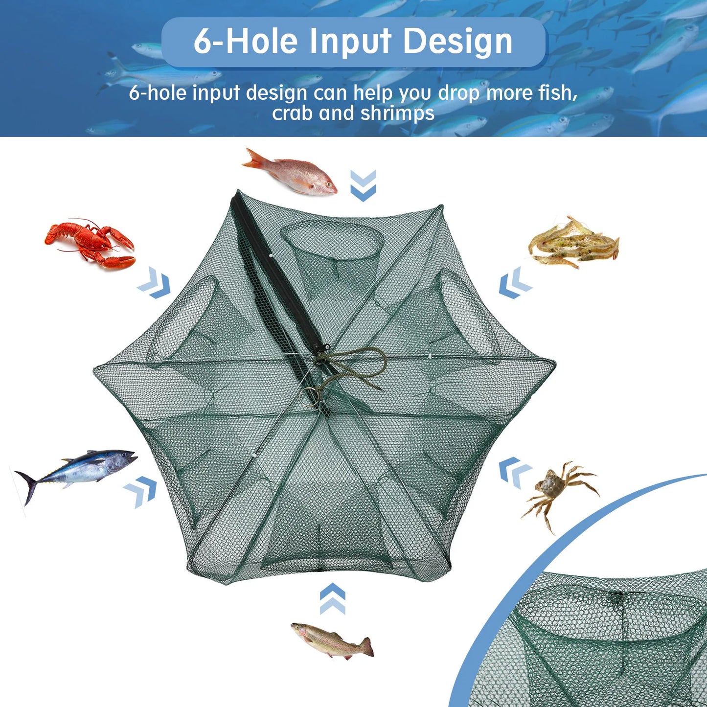 6 Holes Automatic Fishing Net Shrimp Cage Nylon Foldable Crab Fish Trap Cast