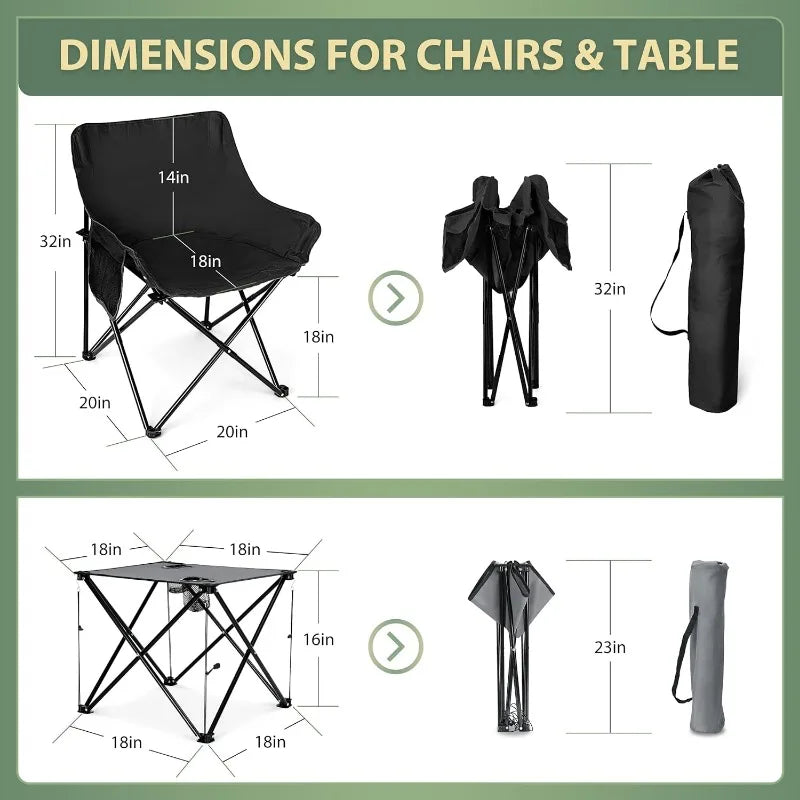 Camping Chairs Set for Adults, 2 Black Folding Moon Chair & 1 Lightweight Camp Table