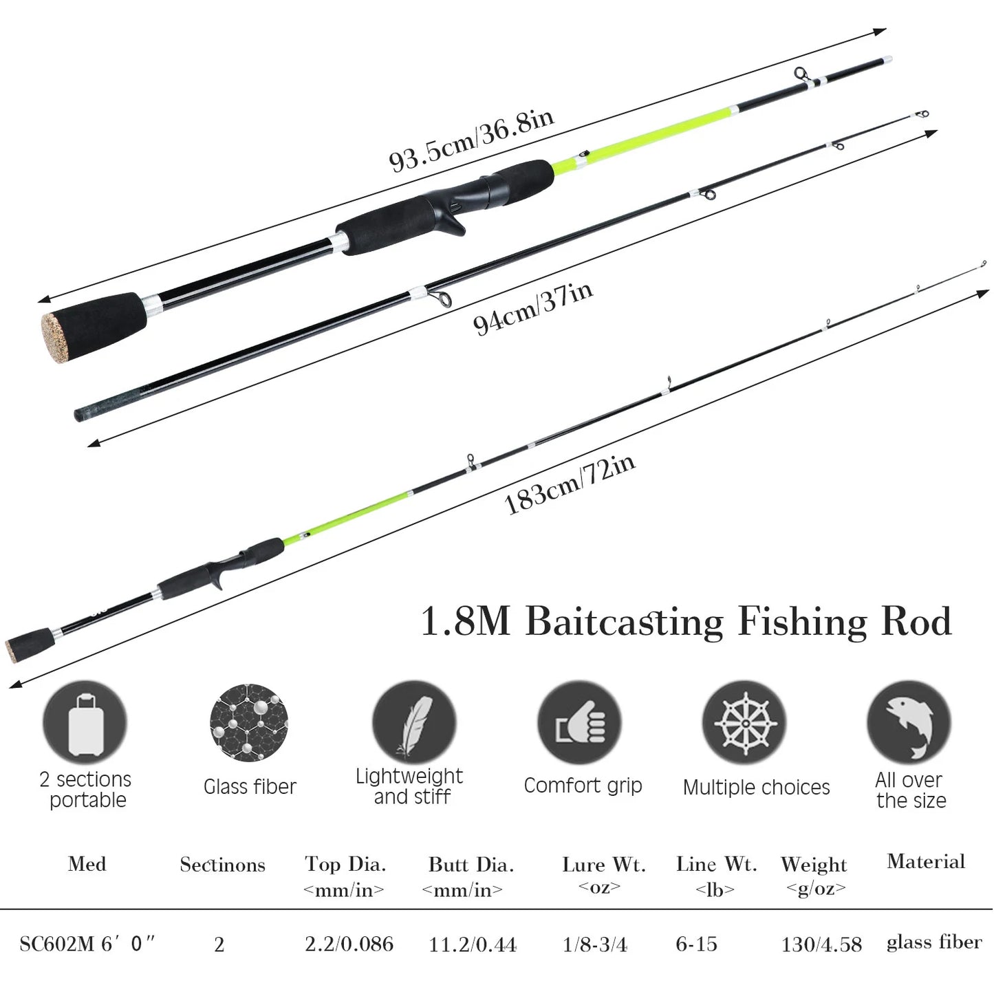 Sougayilang 2 Sections 1.8m Spinning Fishing Rod Casting Rods EVA Grip Smooth Transition Fishing Pole Travel Fishing Rod