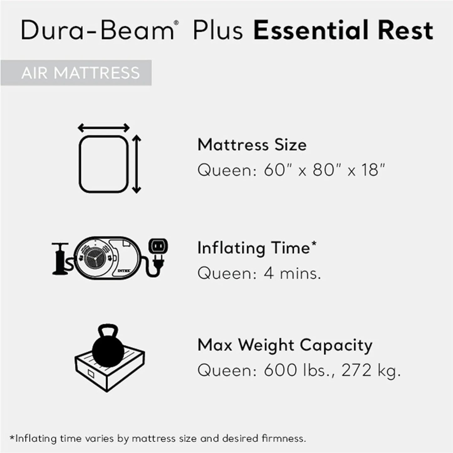 64125ED Dura-Beam Plus Essential Rest Air Mattress: Fiber-Tech – Queen Size – Built-in Electric Pump – 18in Bed Height