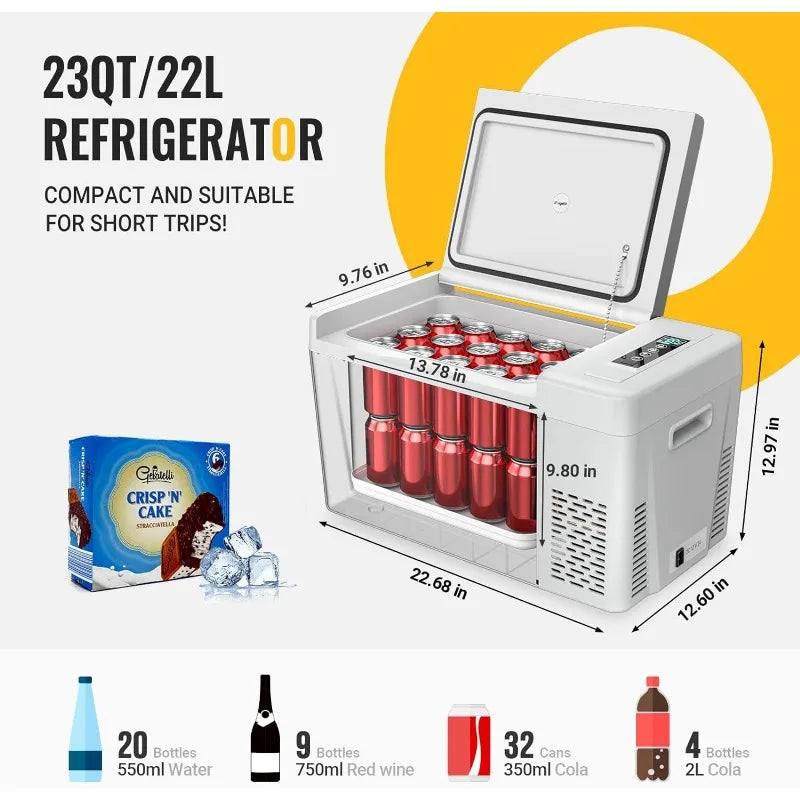 BougeRV 12 Volt Refrigerator 12V Car Fridge 23 Quart Portable Freezer Compressor Cooler 12/24V DC 110~240 Volt AC