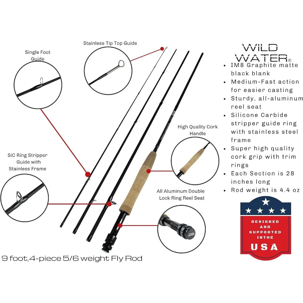 Deluxe Fly Fishing Combo Starter Kit, 5 or 6 Weight 9 Foot Fly Rod, 4-Piece Graphite Rod with Cork Handle