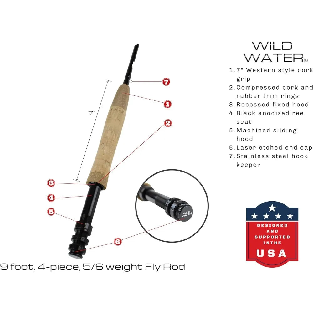 Deluxe Fly Fishing Combo Starter Kit, 5 or 6 Weight 9 Foot Fly Rod, 4-Piece Graphite Rod with Cork Handle