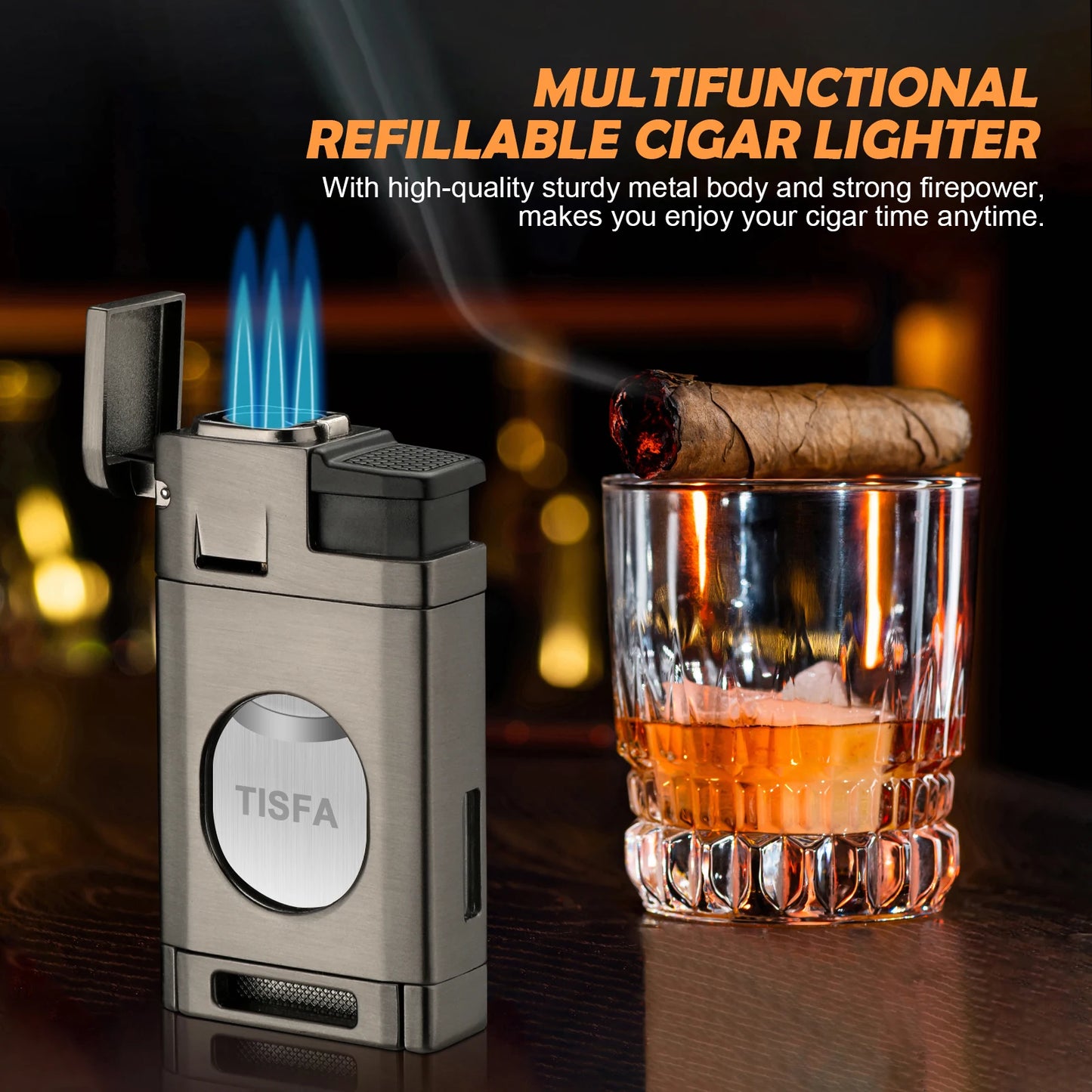 Cigar Torch Lighter with Built in Cigar Cutter,Triple Jet Flame Butane Lighter