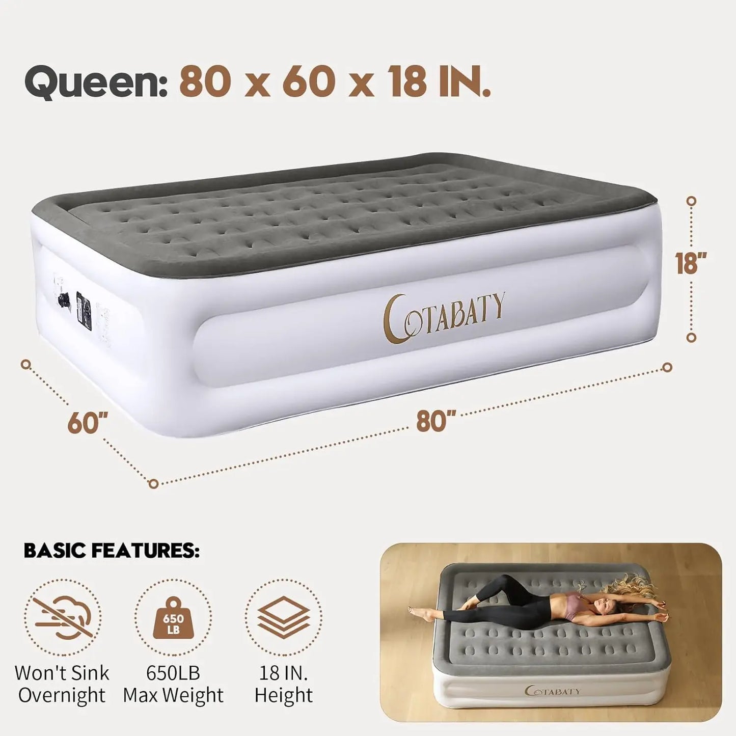 Queen Air Mattress with Built-in Pump, 18 inch Tall Inflatable Mattress Double Airbed