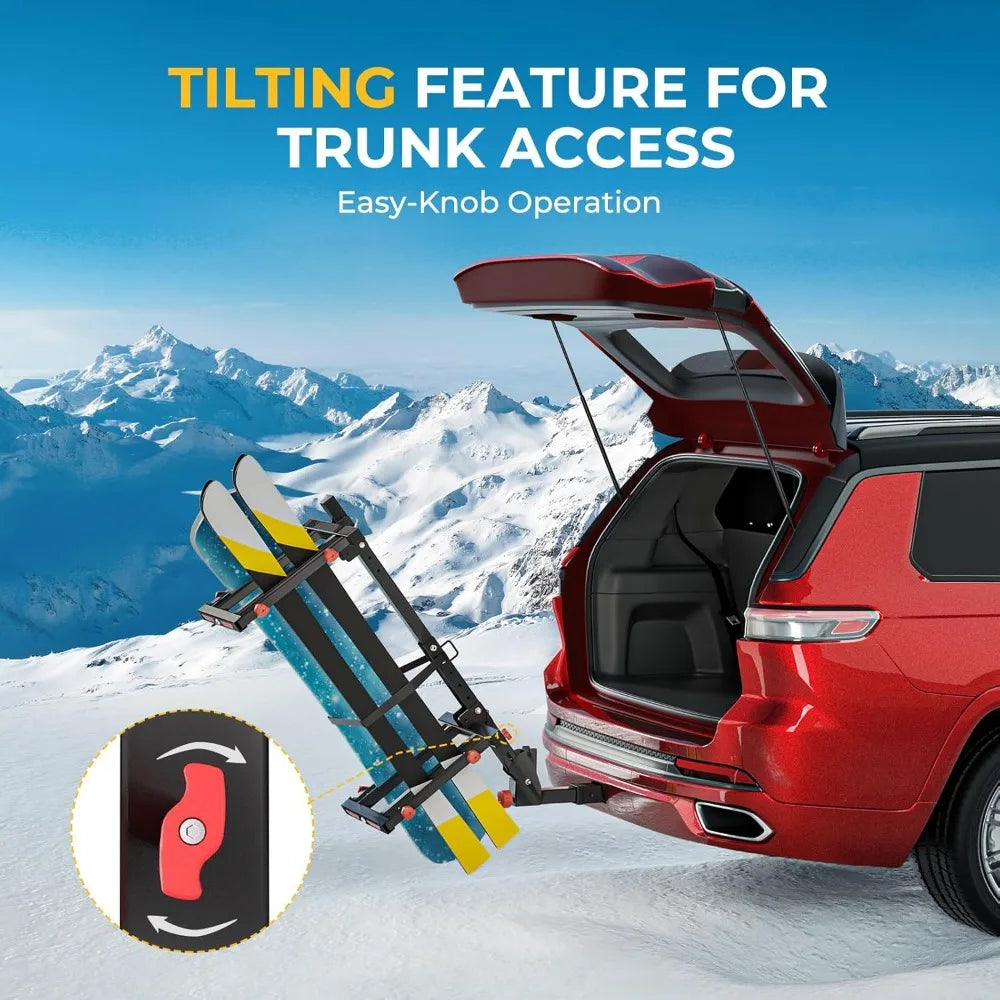 Hitch Ski Snowboard Rack with Security Lock Folding and Tilting for Trunk Access