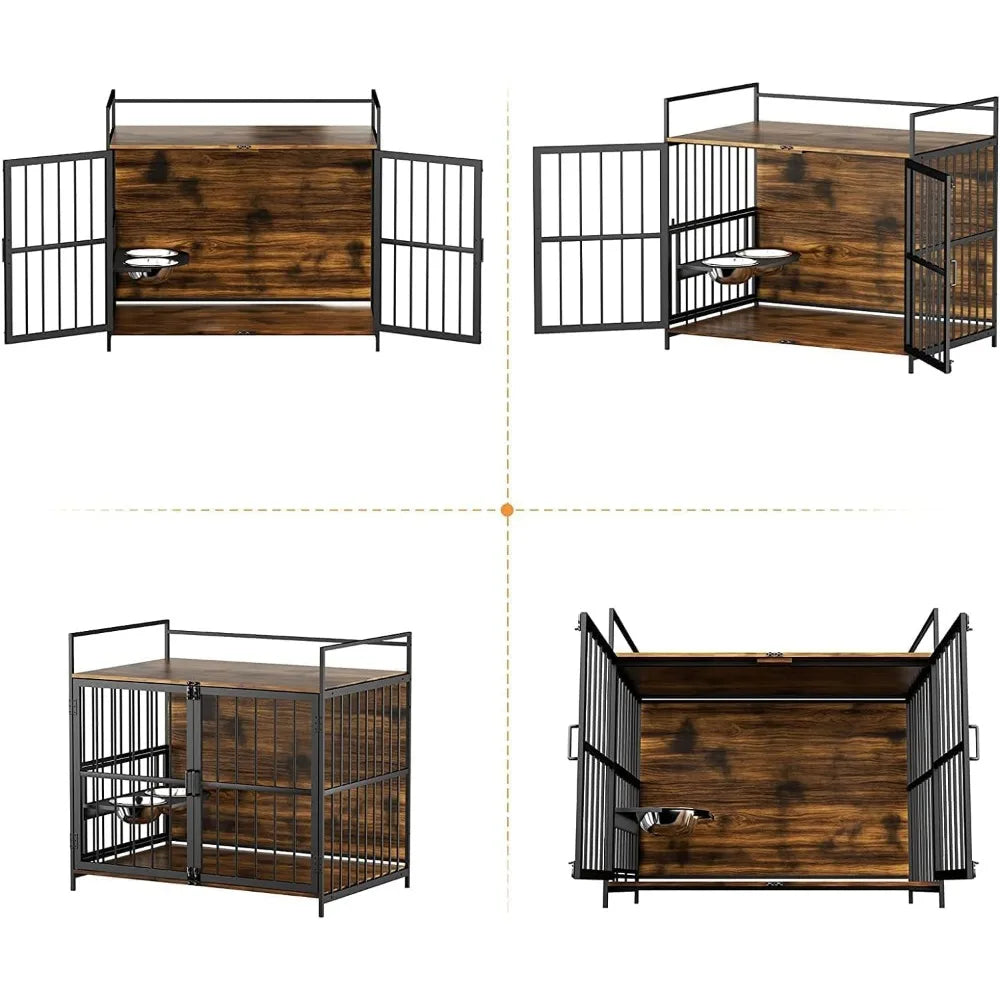 Furniture Style Large Dog Crate with 360° & Adjustable Raised Feeder for Dogs 2 Stainless Steel Bowls