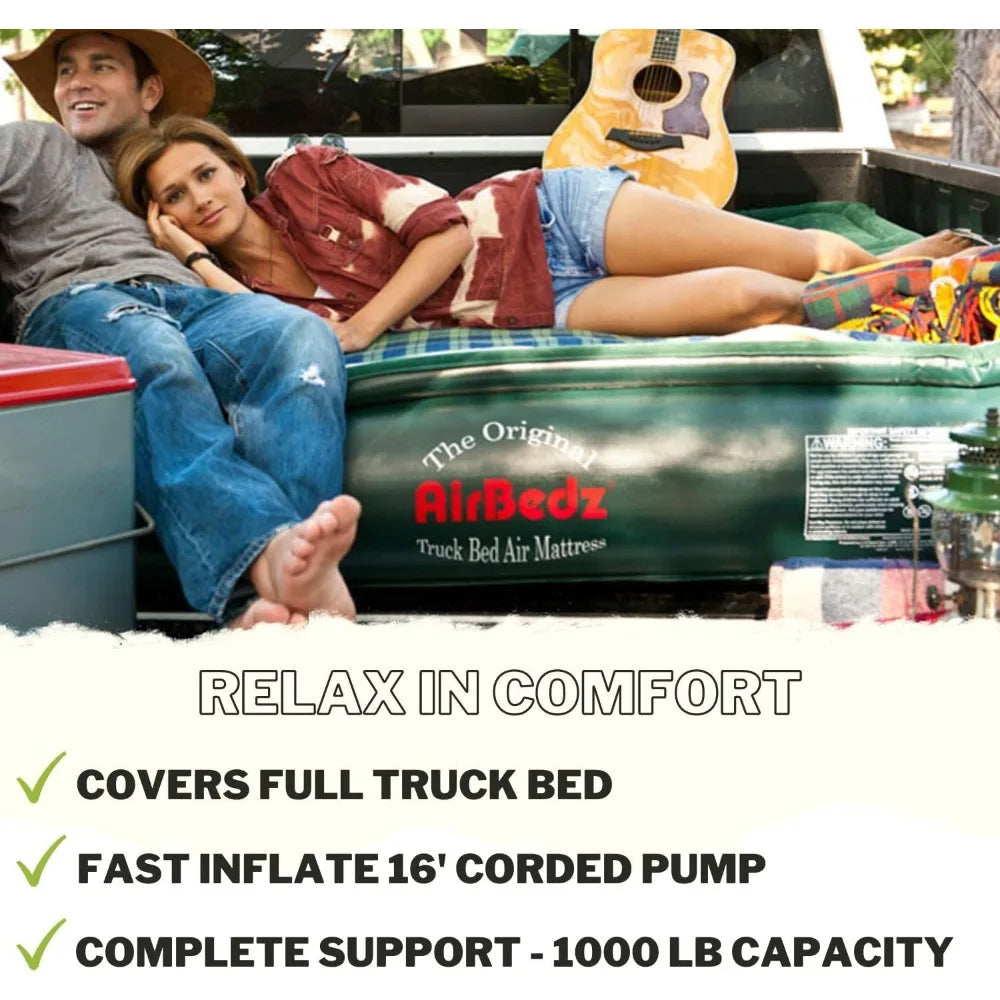 Full Size, Short 6'-6.5' Truck Bed Air Mattress with DC Corded Pump (76"x63"x12" Inflated)