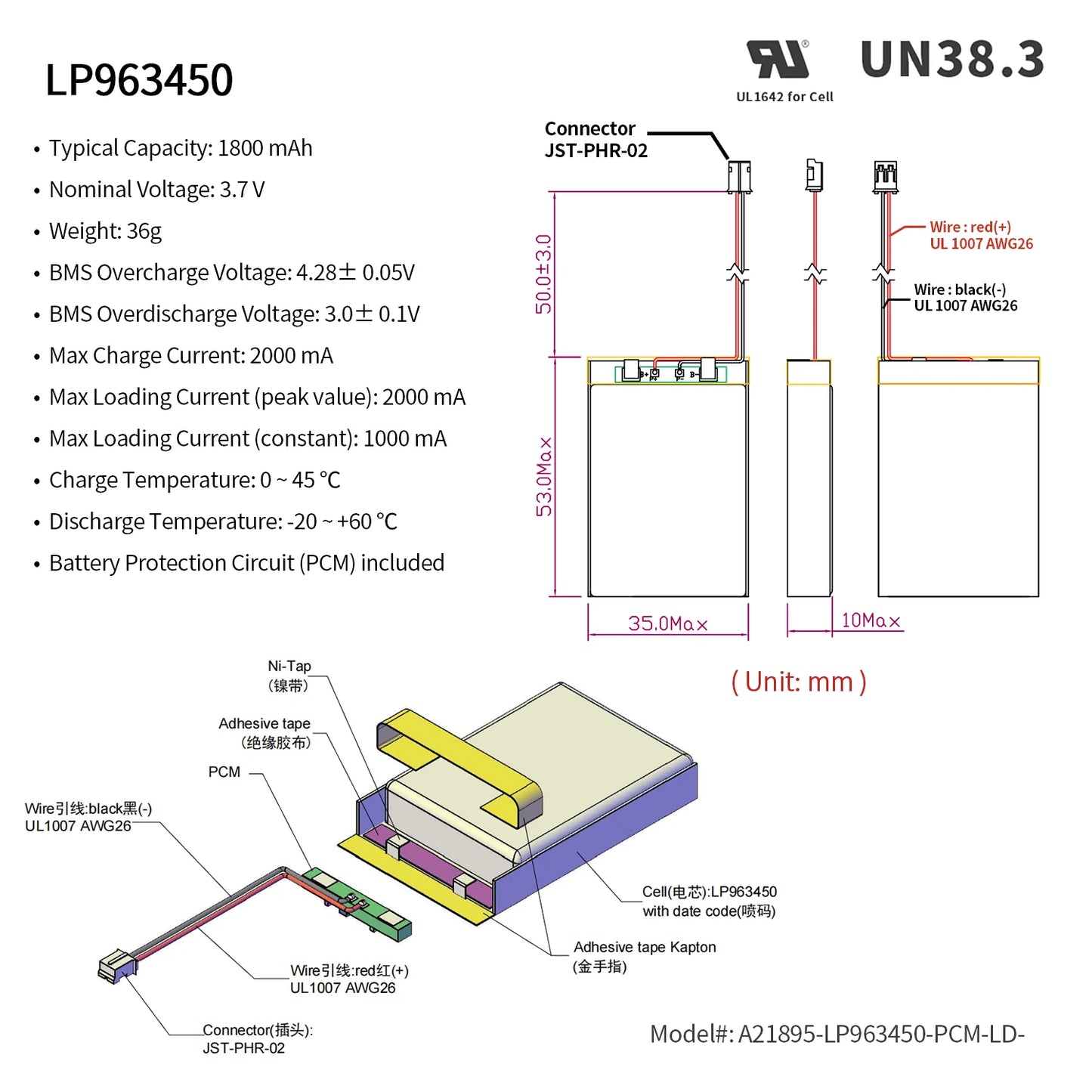 EEMB 3.7V Lipo Battery 1800mAh 963450 Rechargeable Lithium Polymer Battery for GPS Navigator MP5 Bluetooth Speaker