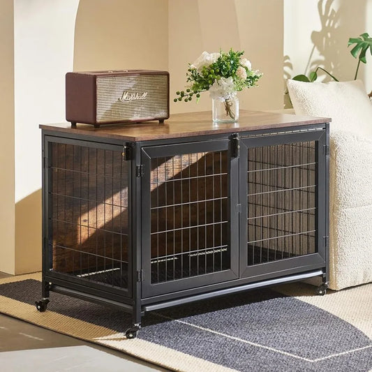 Furniture dog cage with wheels, 110 pound pet puppy indoor furniture style wooden dog house, heavy-duty pet cage house