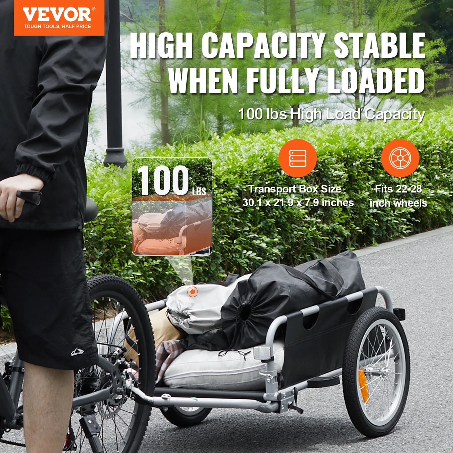 VEVOR 100 lbs Bike Cargo Trailer Foldable Bicycle Wagon Storage Cart with 16" Wheels & Safe Reflectors Fits 22"-28" Bike Wheels