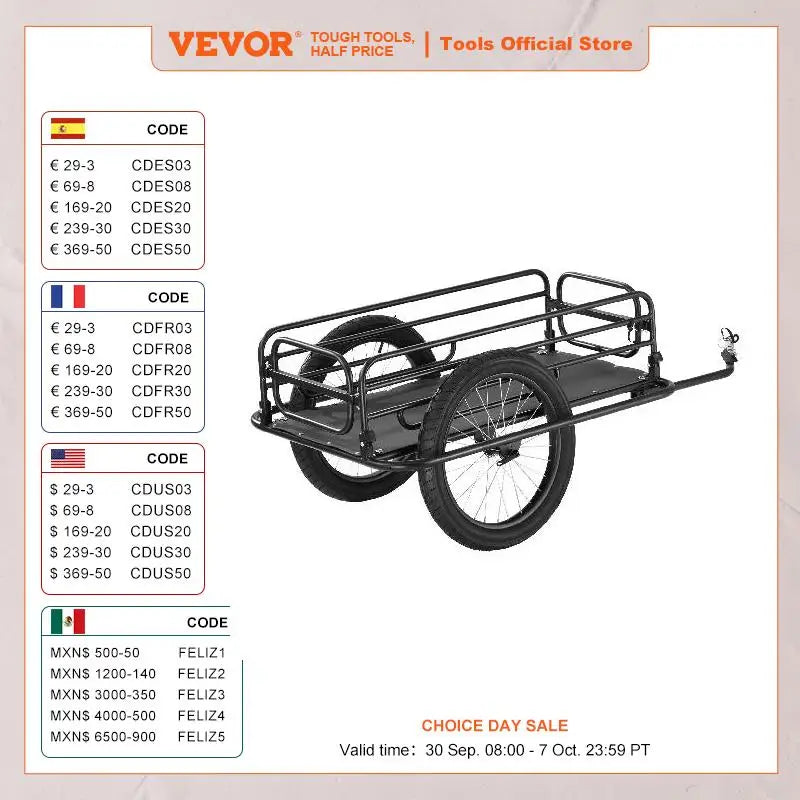 VEVOR 275 lbs Bike Cargo Trailer Bicycle Wagon Cart Foldable Compact Storage with Universal Hitch 20" Wheels fits Most Bike