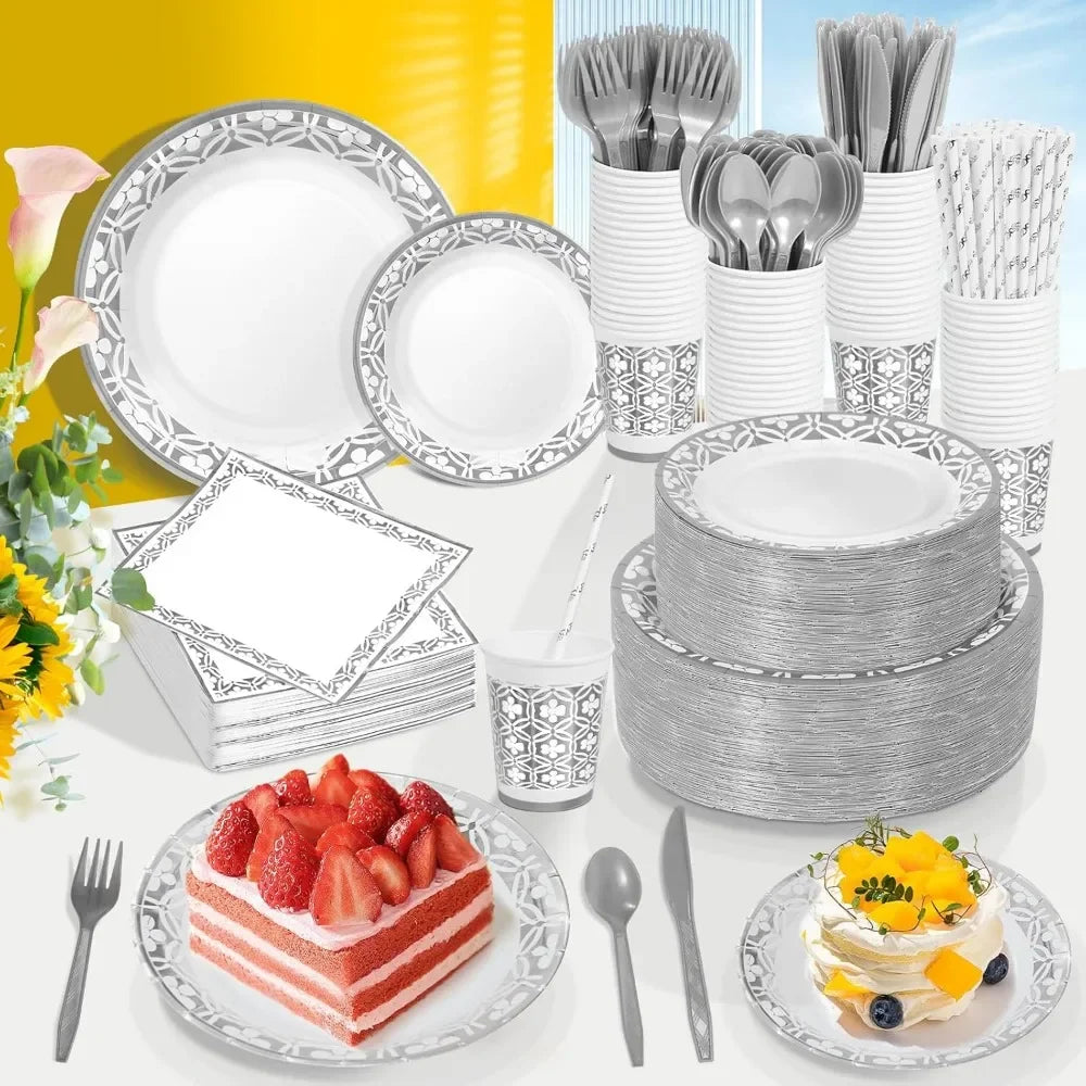 480 PCS Silver Paper Disposable Dinnerware Sets for 60s Guests