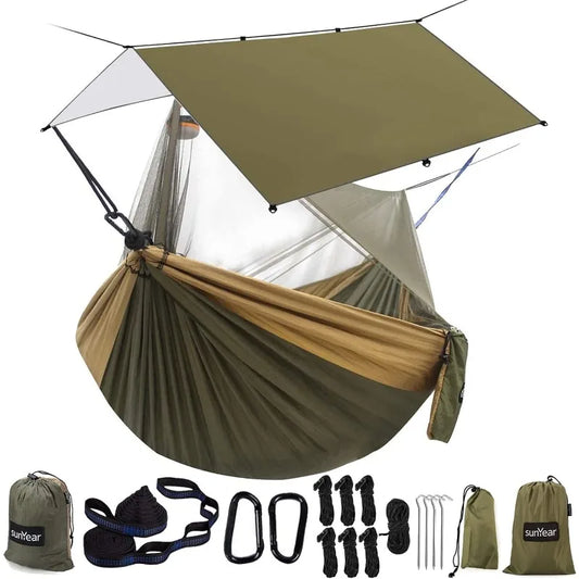 Hammock Camping with Rain Fly Tarp and Net, Portable Camping Hammock Double Tree Hammock